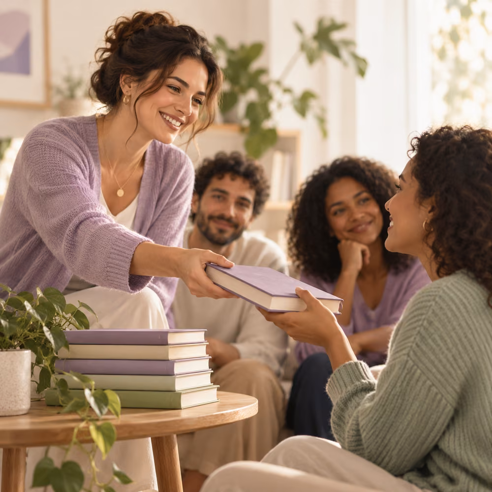 Participantes de uma comunidade compartilhando livros e acolhendo uma nova integrante